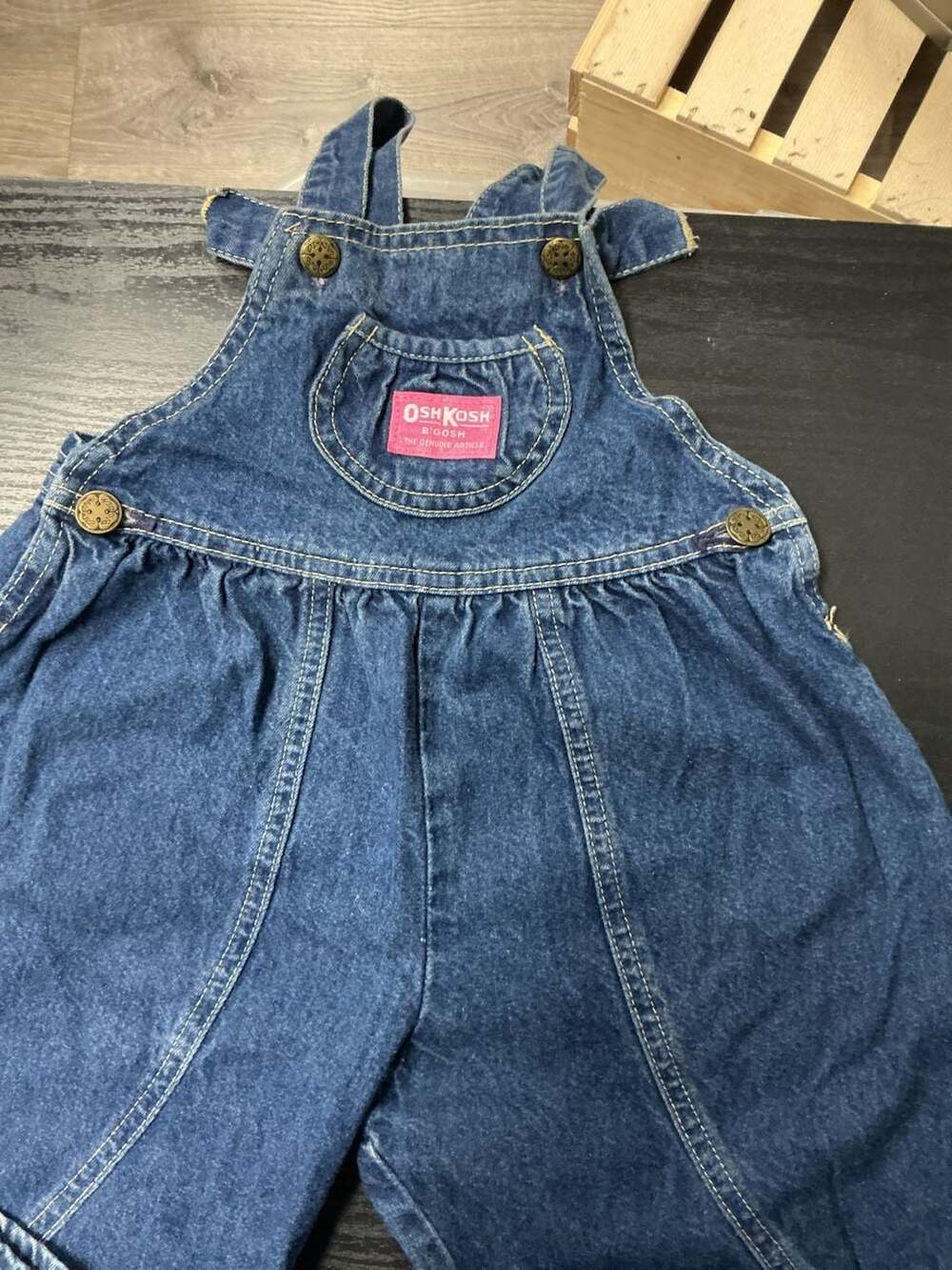 Vintage OshKosh B'gosh Pink Label Denim Vestbak Bubble Romper Overalls